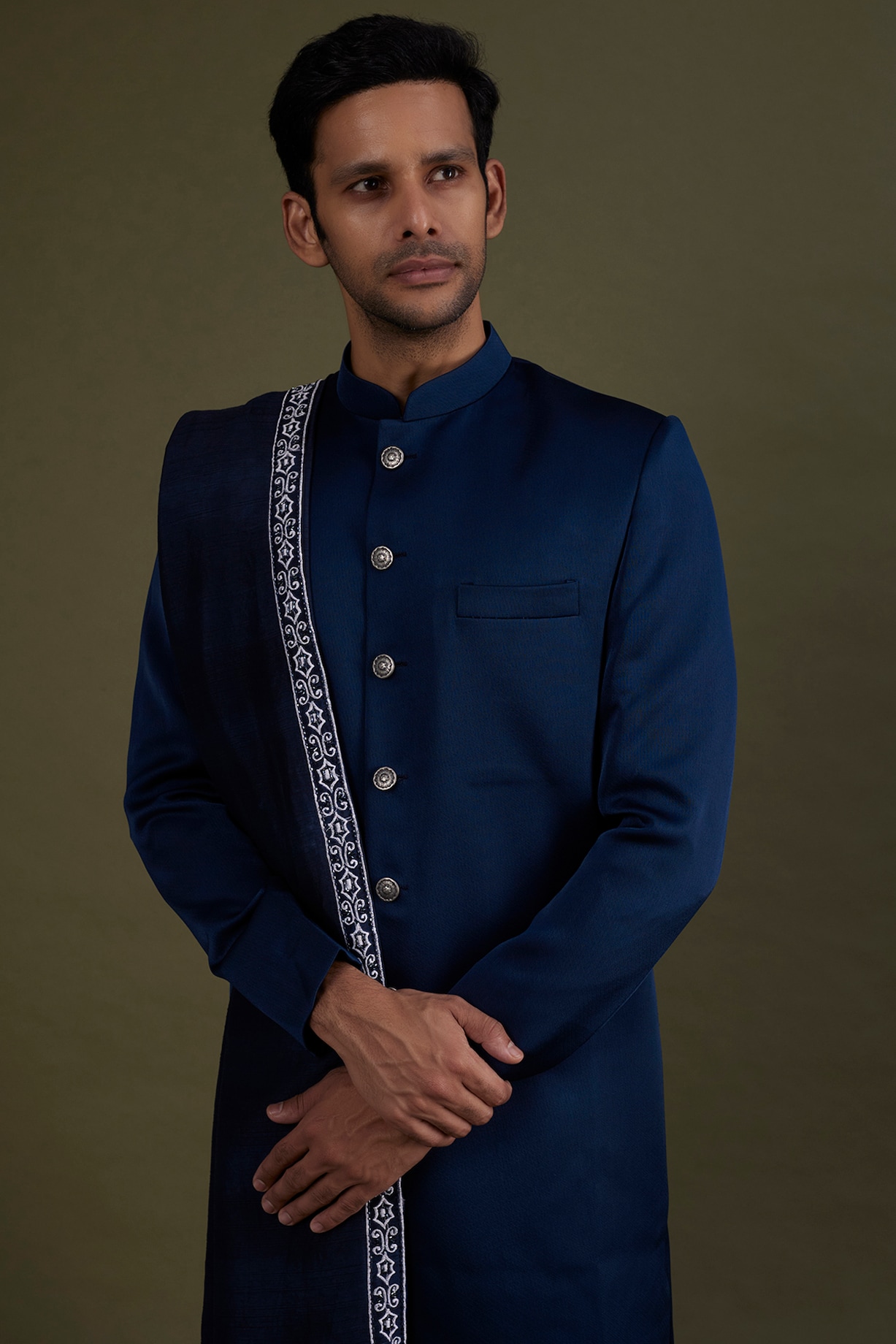 Midnight Blue Scuba Satin Wedding Sherwani Set by KSHITIJ CHOUDHARY MEN ...