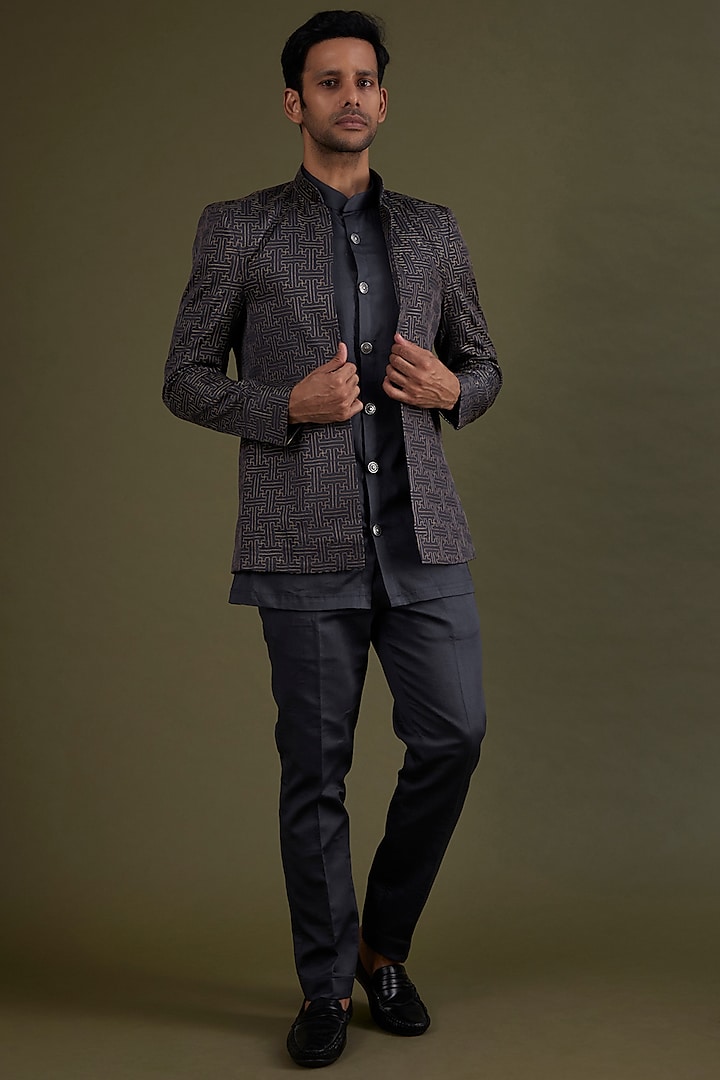 Charcoal Grey Embroidered Indowestern Set by KSHITIJ CHOUDHARY MEN
