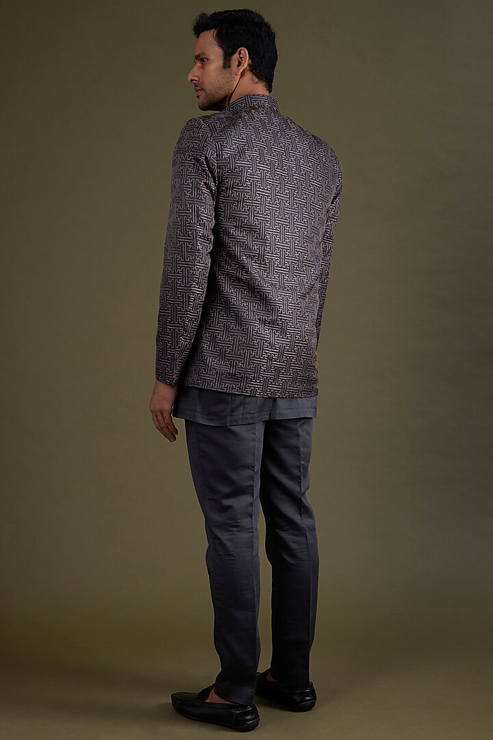 Charcoal Grey Embroidered Wedding Indowestern Set by KSHITIJ CHOUDHARY MEN at Pernia's Pop Up Shop