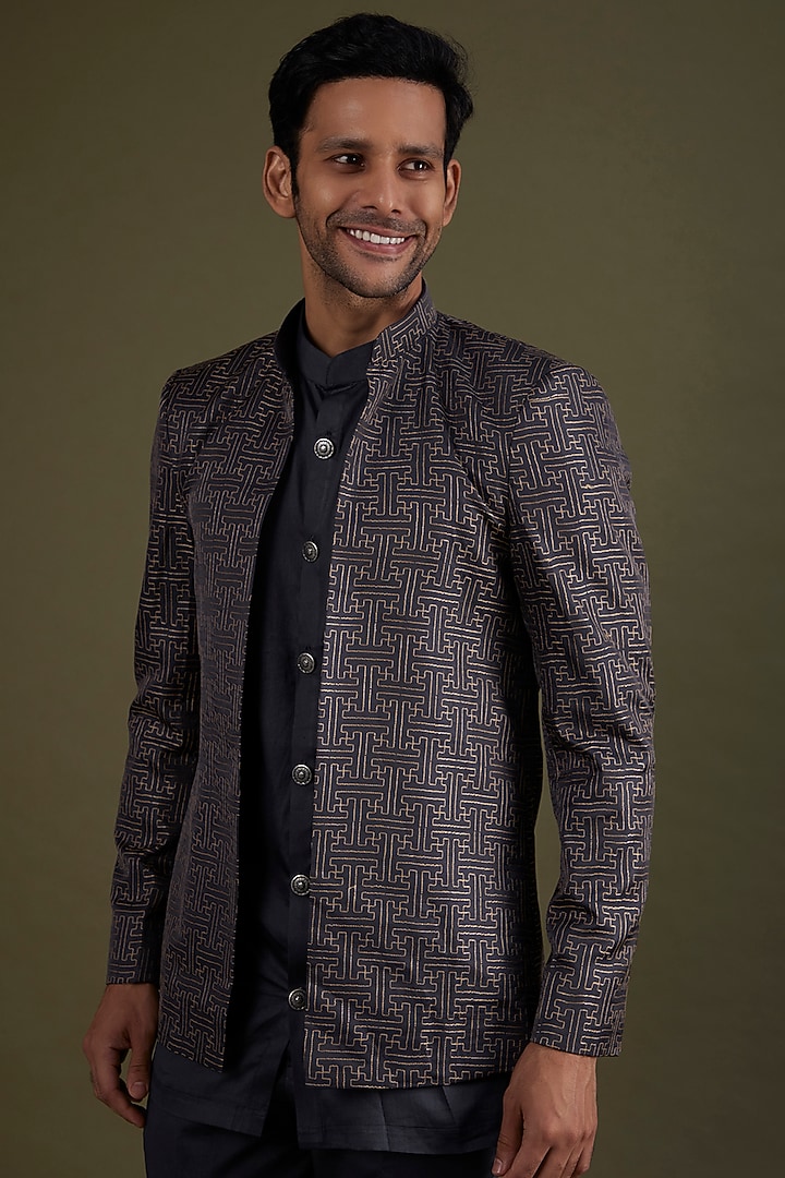 Charcoal Grey Embroidered Wedding Indowestern Set by KSHITIJ CHOUDHARY MEN at Pernia's Pop Up Shop