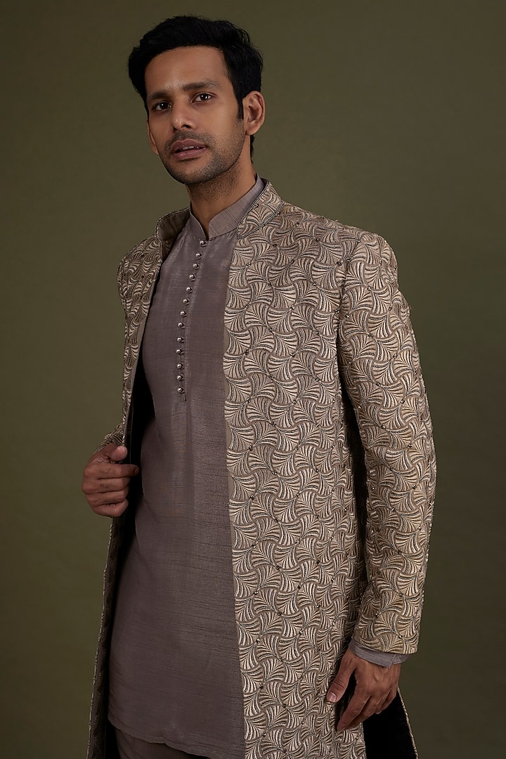 Hazelnut Embroidered Wedding Indowestern Set by KSHITIJ CHOUDHARY MEN at Pernia's Pop Up Shop