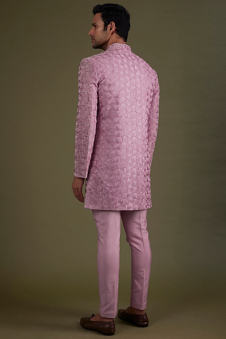 Plum Georgette Resham & Beads Embroidered Wedding Sherwani Set by KSHITIJ CHOUDHARY MEN at Pernia's Pop Up Shop