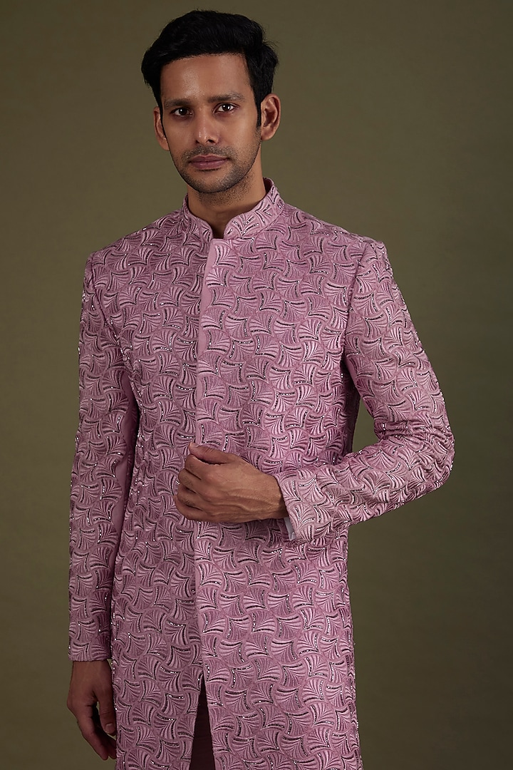 Plum Georgette Resham & Beads Embroidered Wedding Sherwani Set by KSHITIJ CHOUDHARY MEN at Pernia's Pop Up Shop