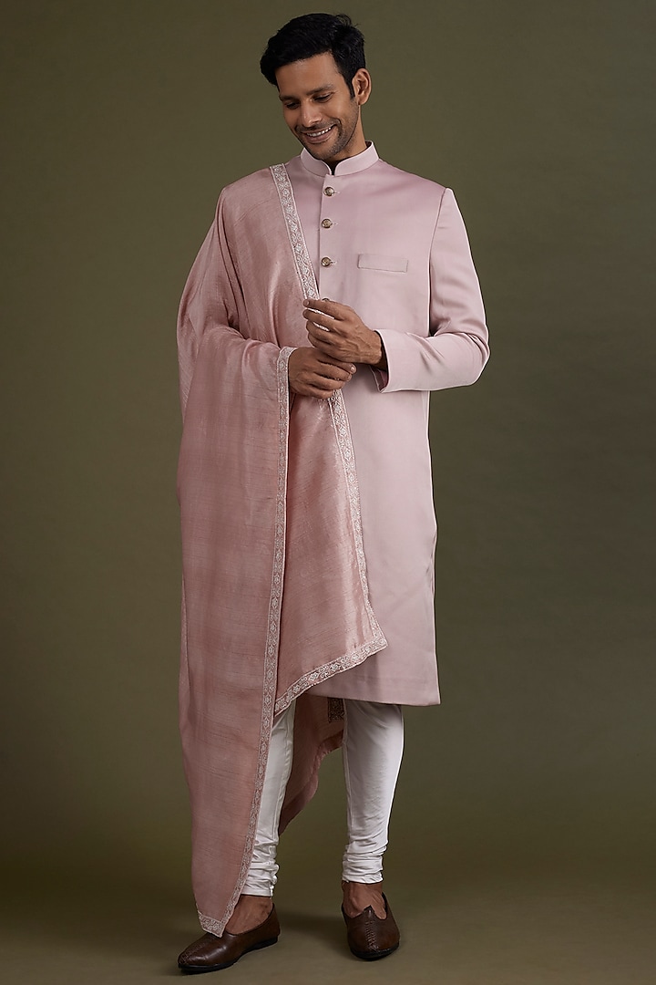 English Pink Scuba Satin Sherwani Set by KSHITIJ CHOUDHARY MEN