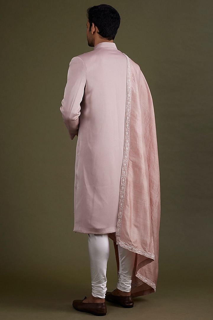 English Pink Scuba Satin Wedding Sherwani Set by KSHITIJ CHOUDHARY MEN at Pernia's Pop Up Shop
