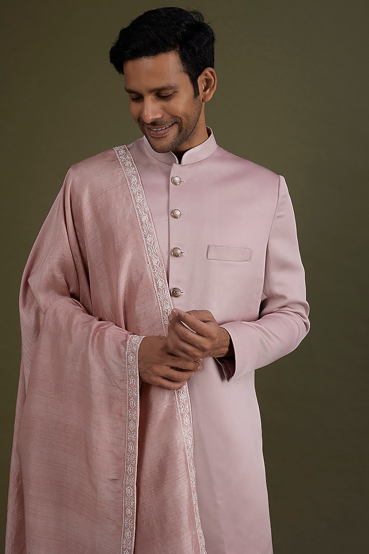 English Pink Scuba Satin Wedding Sherwani Set by KSHITIJ CHOUDHARY MEN at Pernia's Pop Up Shop