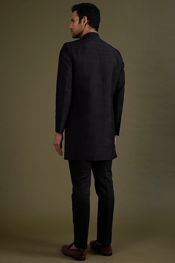 Black Silk Thread Work Wedding Sherwani Set by KSHITIJ CHOUDHARY MEN at Pernia's Pop Up Shop