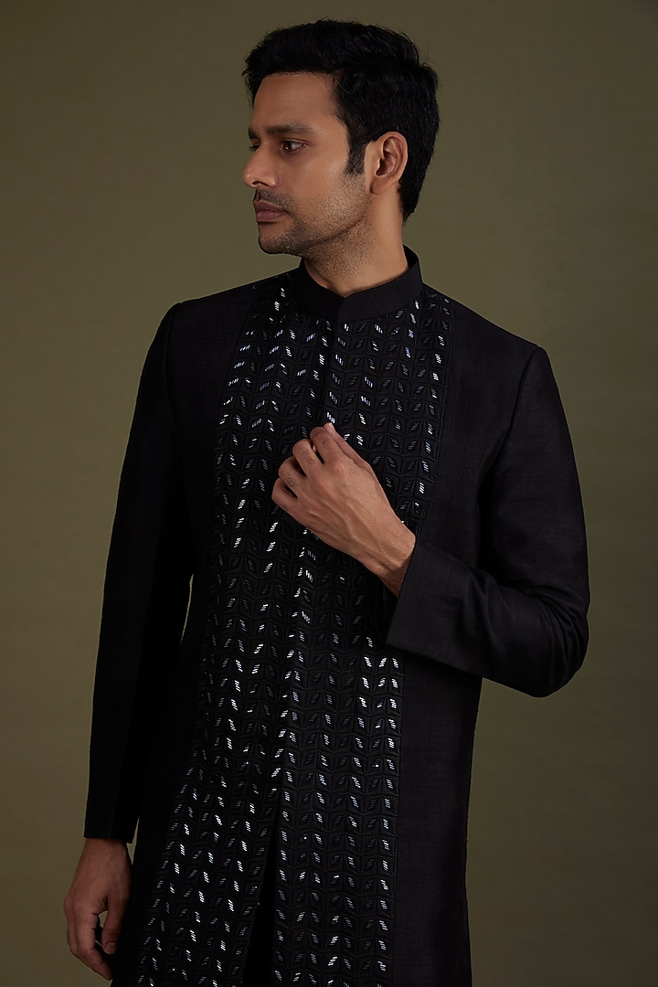 Black Silk Thread Work Wedding Sherwani Set by KSHITIJ CHOUDHARY MEN at Pernia's Pop Up Shop