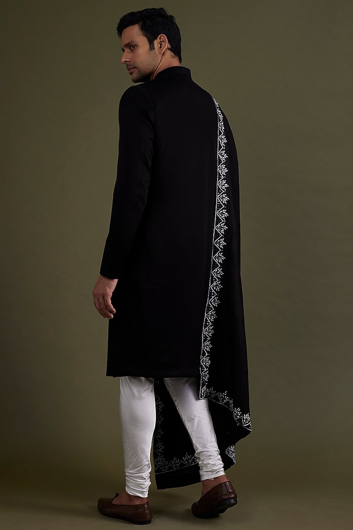 Black Scuba Satin Wedding Sherwani Set by KSHITIJ CHOUDHARY MEN at Pernia's Pop Up Shop