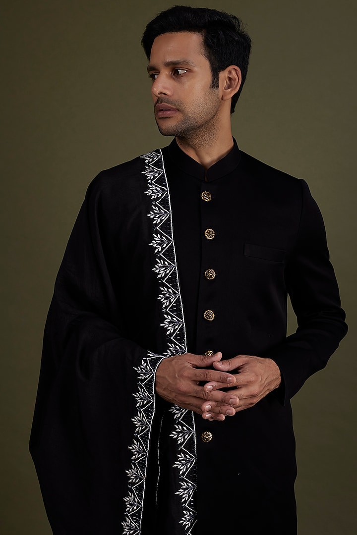 Black Scuba Satin Wedding Sherwani Set by KSHITIJ CHOUDHARY MEN at Pernia's Pop Up Shop