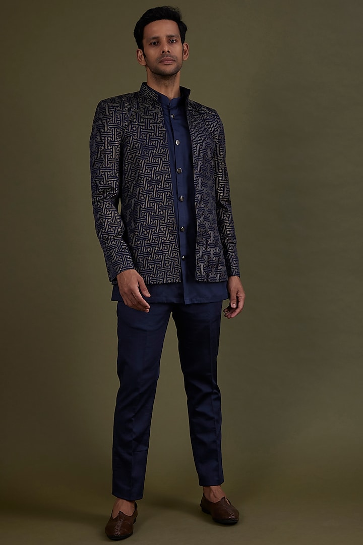 Navy Blue Embroidered Indowestern Set by KSHITIJ CHOUDHARY MEN