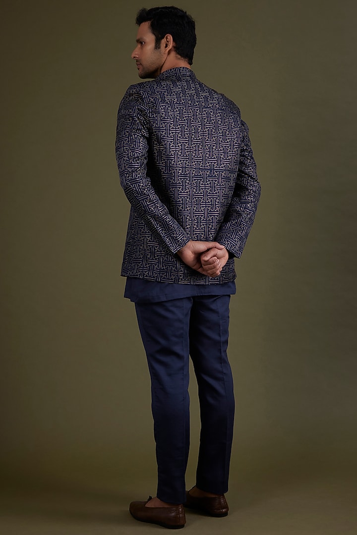 Navy Blue Embroidered Wedding Indowestern Set by KSHITIJ CHOUDHARY MEN at Pernia's Pop Up Shop