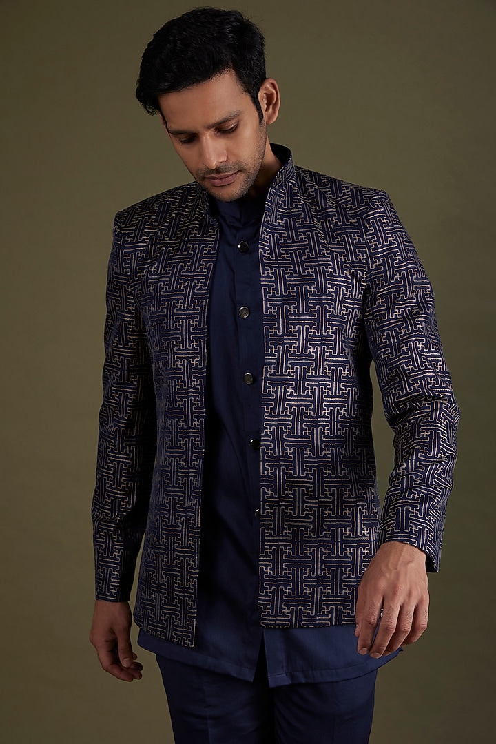 Navy Blue Embroidered Wedding Indowestern Set by KSHITIJ CHOUDHARY MEN at Pernia's Pop Up Shop