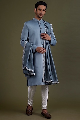 Steel Blue Scuba Satin Sherwani Set by KSHITIJ CHOUDHARY MEN