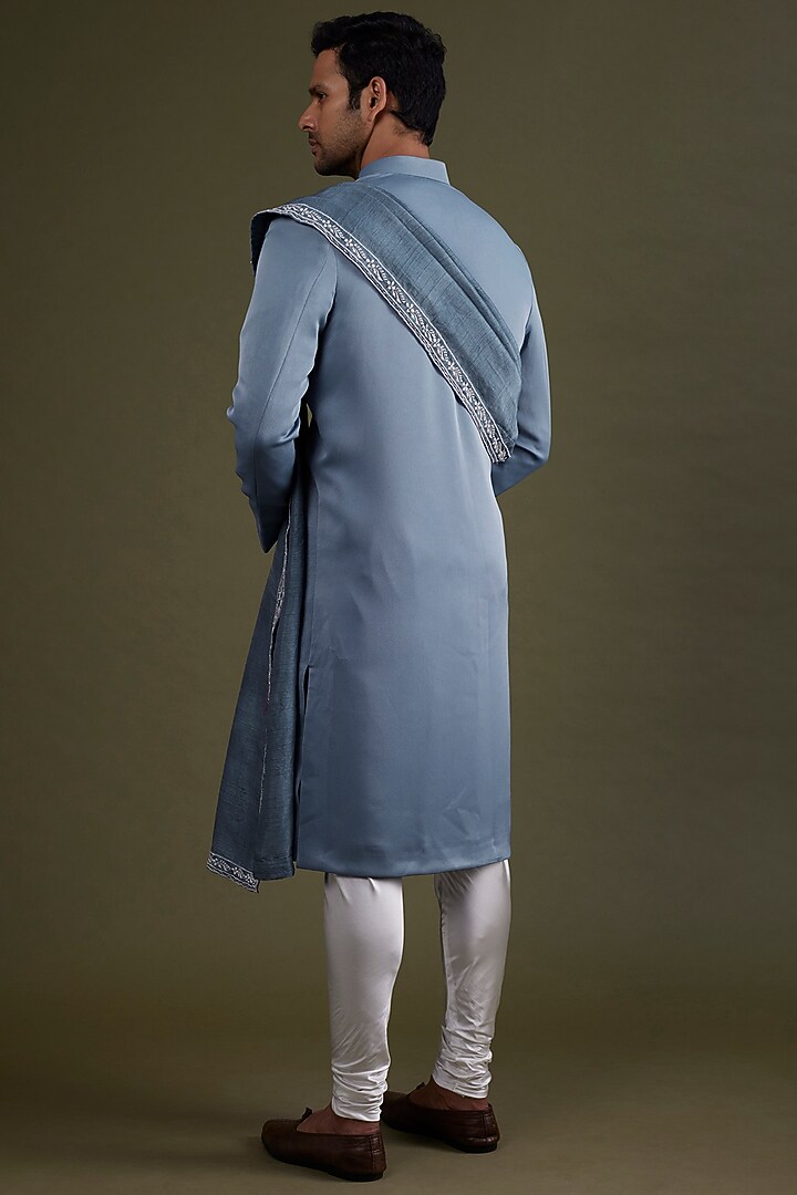 Steel Blue Scuba Satin Wedding Sherwani Set by KSHITIJ CHOUDHARY MEN at Pernia's Pop Up Shop