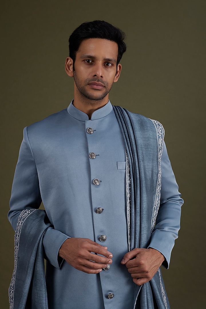 Steel Blue Scuba Satin Wedding Sherwani Set by KSHITIJ CHOUDHARY MEN at Pernia's Pop Up Shop