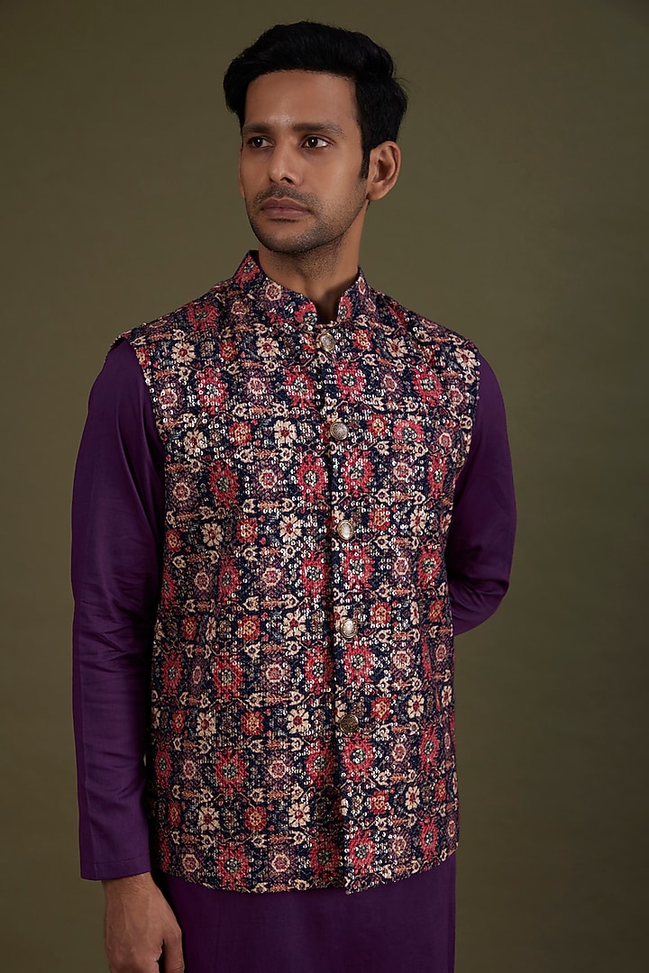 Multi-Colored Georgette Printed & Embroidered Bundi Jacket Set by KSHITIJ CHOUDHARY MEN at Pernia's Pop Up Shop