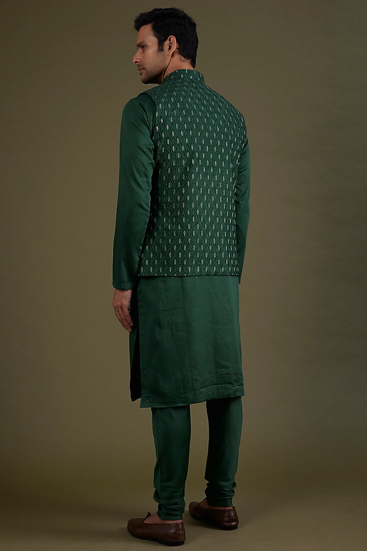 Bottle Green Silk Jacquard Thread Work Self-Textured Bundi Jacket Set by KSHITIJ CHOUDHARY MEN at Pernia's Pop Up Shop