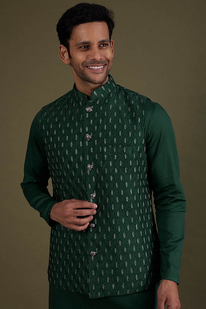 Bottle Green Silk Jacquard Thread Work Self-Textured Bundi Jacket Set by KSHITIJ CHOUDHARY MEN at Pernia's Pop Up Shop