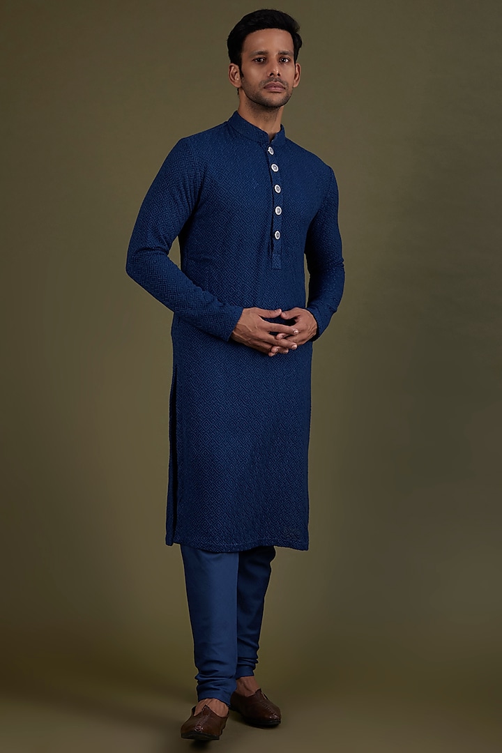 Midnight Blue Georgette Kurta Set by KSHITIJ CHOUDHARY MEN