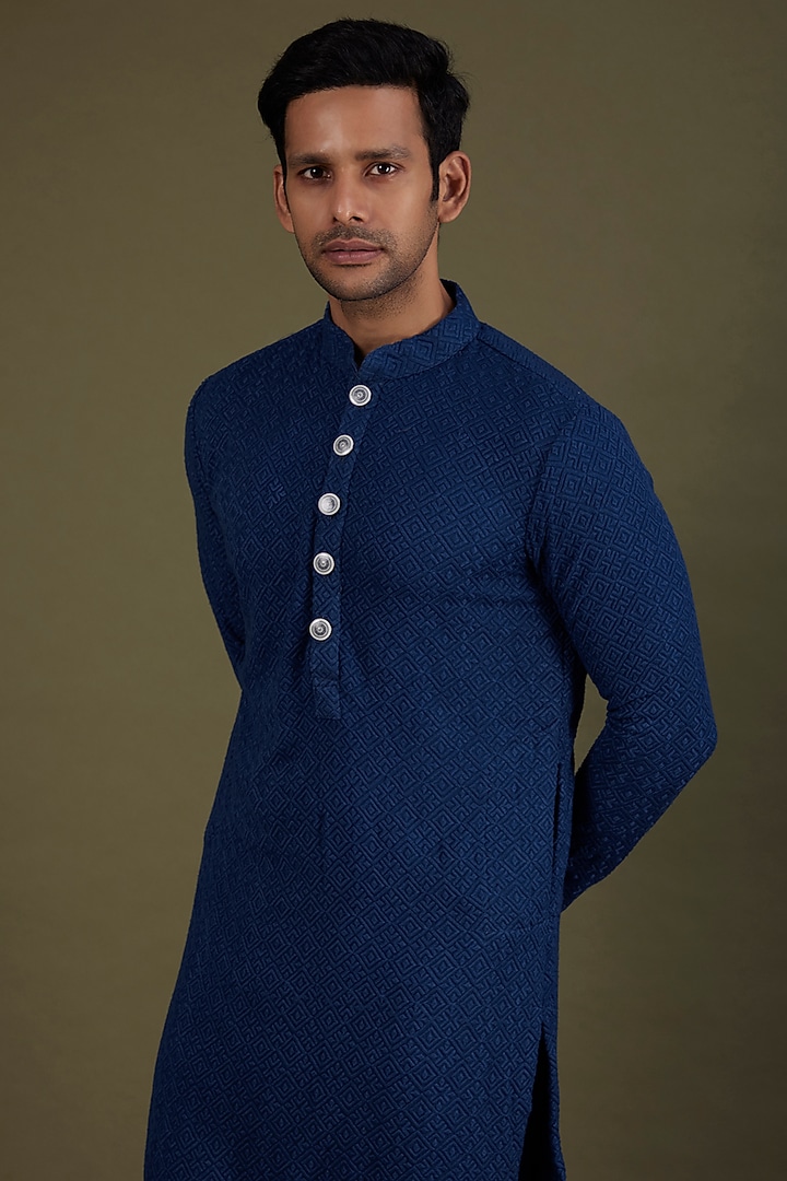 Midnight Blue Georgette Kurta Set by KSHITIJ CHOUDHARY MEN at Pernia's Pop Up Shop