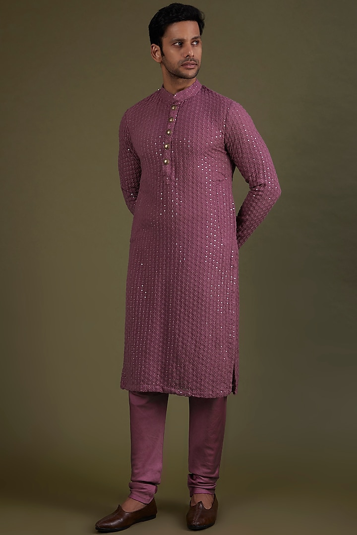 Mauve Embroidered Kurta Set by KSHITIJ CHOUDHARY MEN