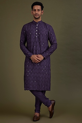 Deep Violet Embroidered Kurta Set by KSHITIJ CHOUDHARY MEN