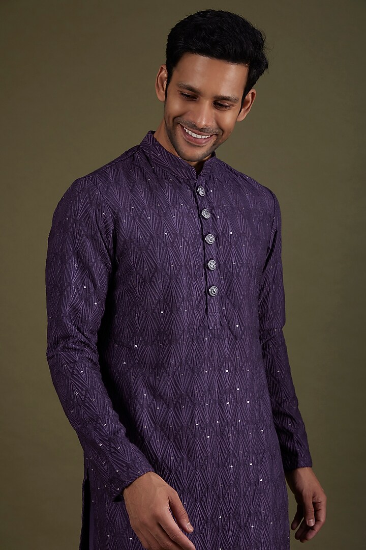 Deep Violet Embroidered Kurta Set by KSHITIJ CHOUDHARY MEN at Pernia's Pop Up Shop