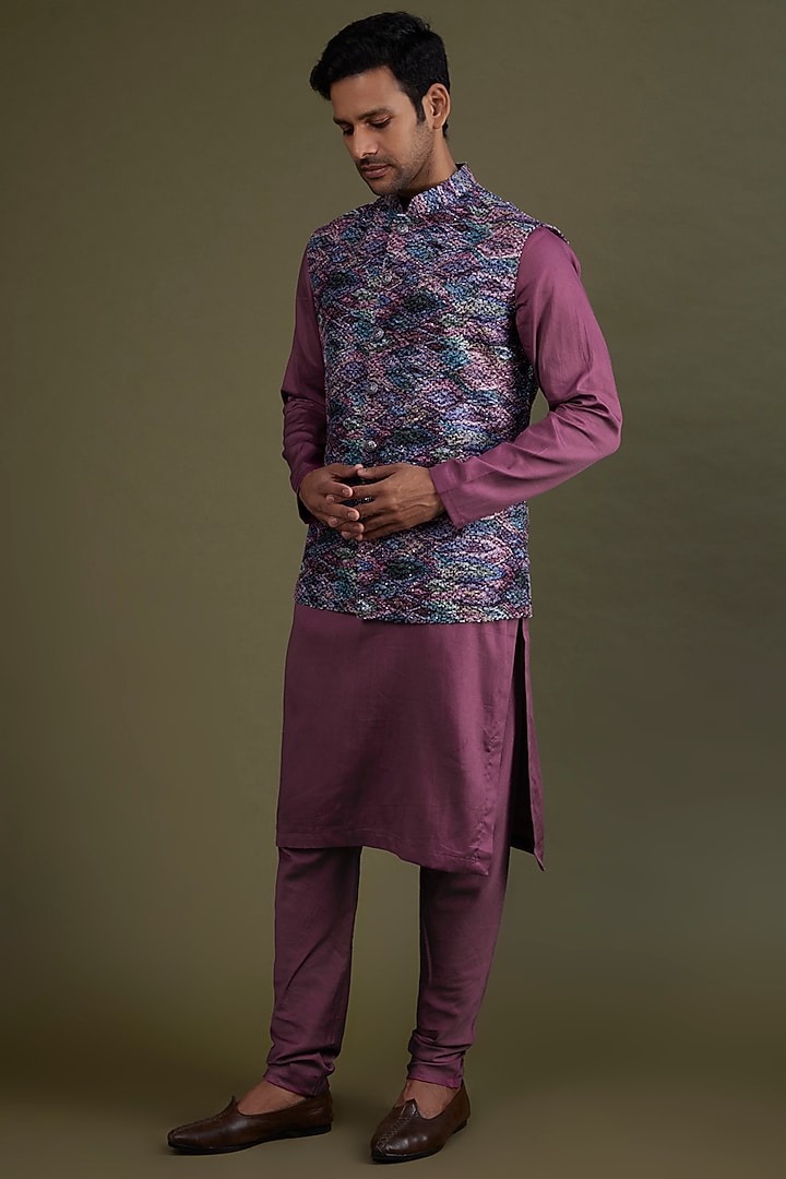 Multi-Colored Woven Fabric Bundi Jacket Set by KSHITIJ CHOUDHARY MEN at Pernia's Pop Up Shop