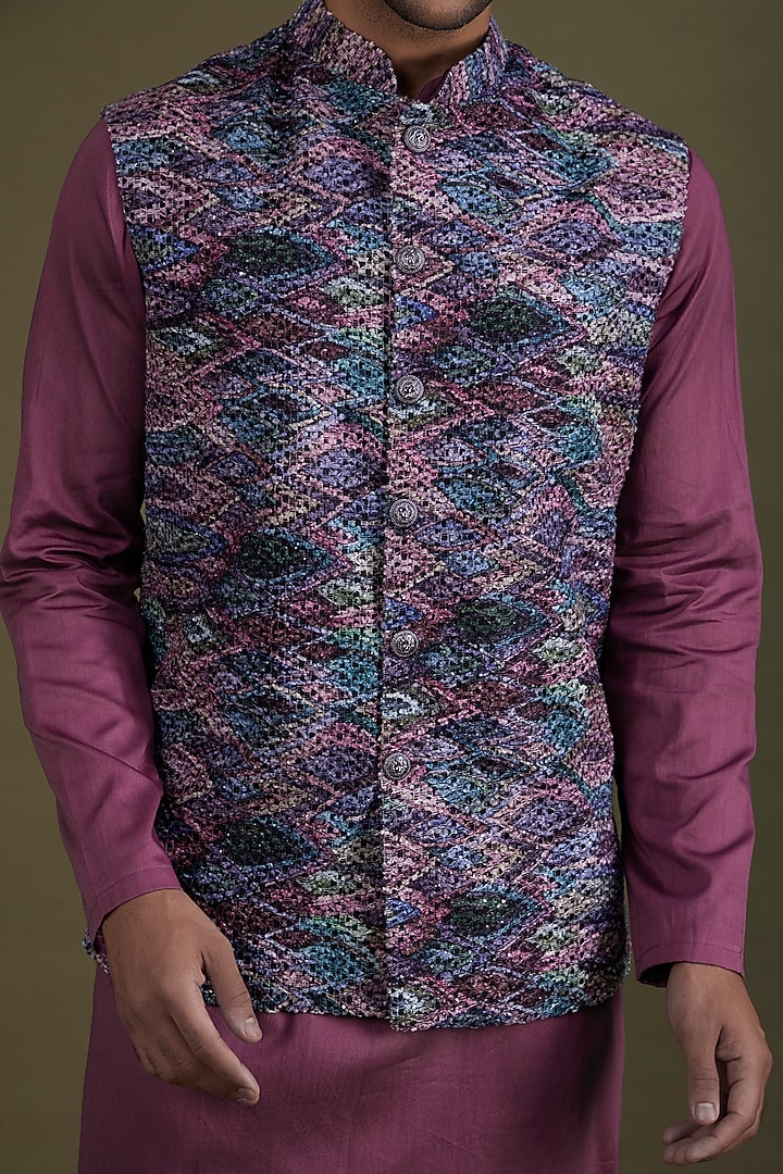 Multi-Colored Woven Fabric Bundi Jacket Set by KSHITIJ CHOUDHARY MEN at Pernia's Pop Up Shop