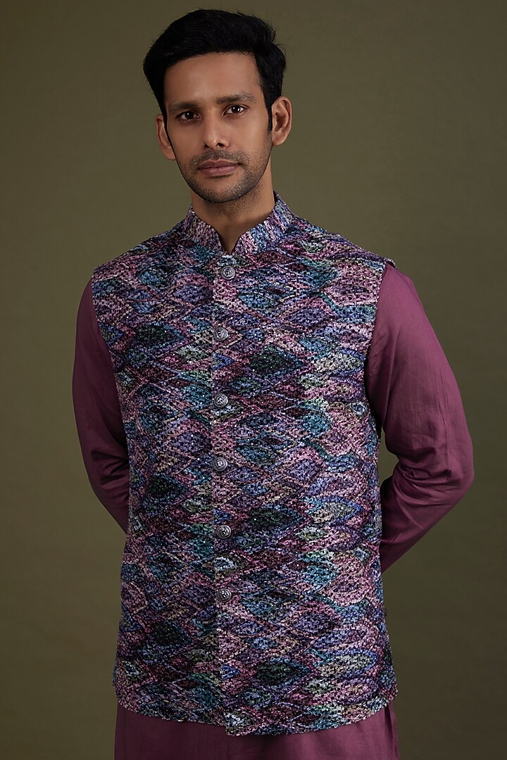 Multi-Colored Woven Fabric Bundi Jacket Set by KSHITIJ CHOUDHARY MEN at Pernia's Pop Up Shop