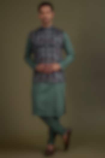 Green Cotton Satin Kurta Set With Bundi Jacket by KSHITIJ CHOUDHARY MEN