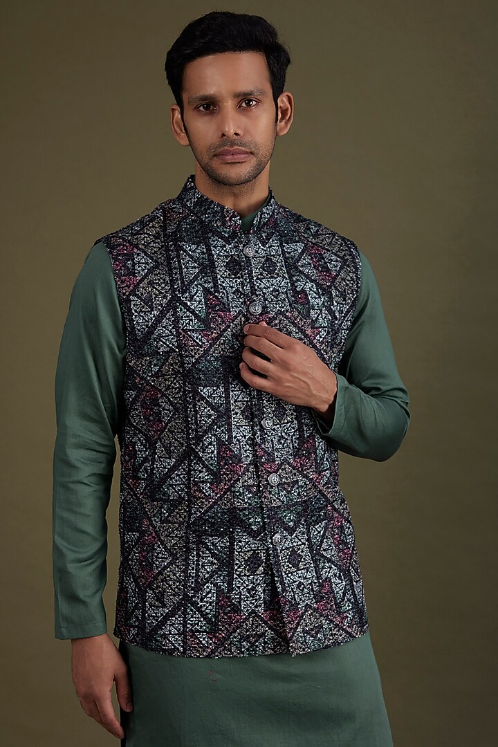 Multi-Colored Woven Bundi Jacket Set by KSHITIJ CHOUDHARY MEN at Pernia's Pop Up Shop