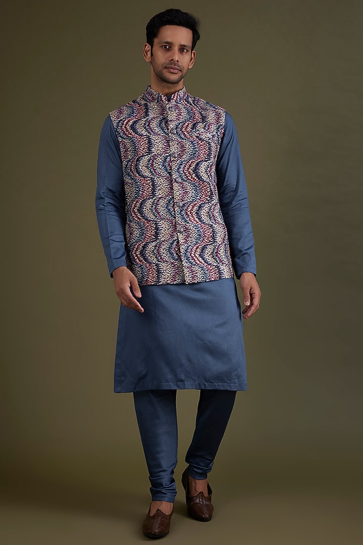 Multi-Colored Woven Fabric Bundi Jacket Set by KSHITIJ CHOUDHARY MEN at Pernia's Pop Up Shop