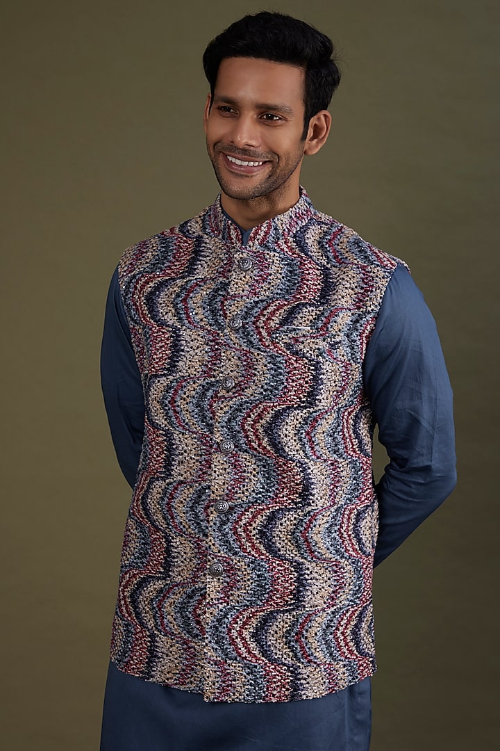Multi-Colored Woven Fabric Bundi Jacket Set by KSHITIJ CHOUDHARY MEN at Pernia's Pop Up Shop