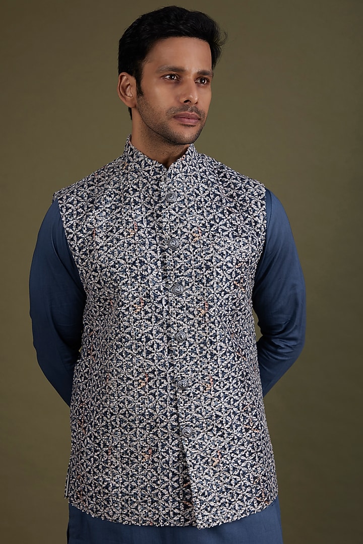 Multi-Colored Woven Fabric Bundi Jacket Set by KSHITIJ CHOUDHARY MEN at Pernia's Pop Up Shop