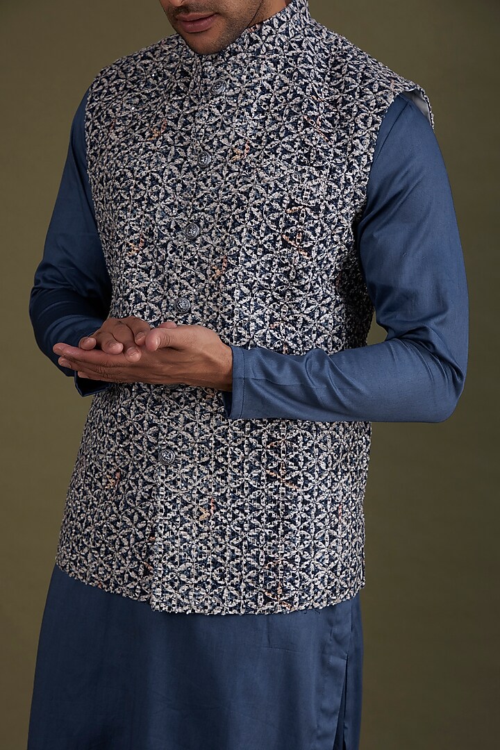 Multi-Colored Woven Fabric Bundi Jacket Set by KSHITIJ CHOUDHARY MEN at Pernia's Pop Up Shop