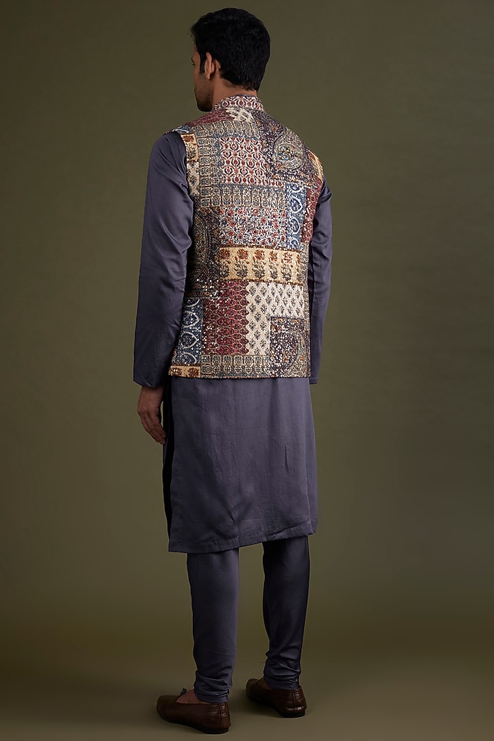 Multi-Colored Georgette Printed & Embroidered Bundi Jacket Set by KSHITIJ CHOUDHARY MEN at Pernia's Pop Up Shop
