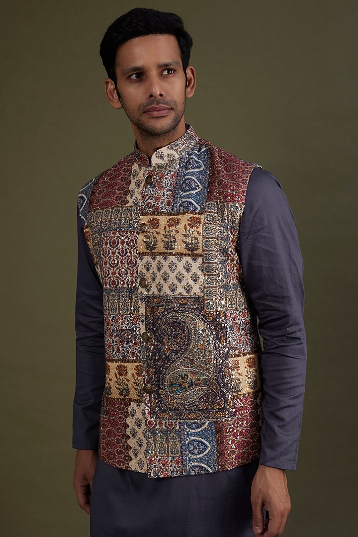 Multi-Colored Georgette Printed & Embroidered Bundi Jacket Set by KSHITIJ CHOUDHARY MEN at Pernia's Pop Up Shop