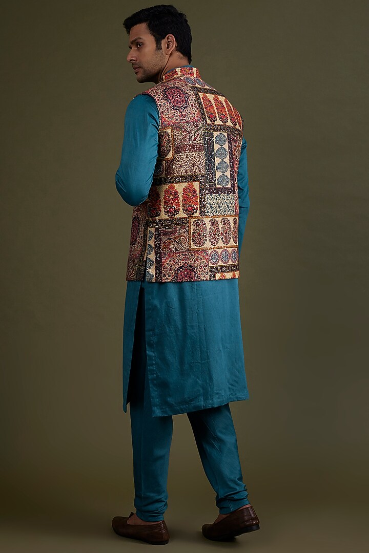 Multi-Colored Georgette Printed & Embroidered Bundi Jacket Set by KSHITIJ CHOUDHARY MEN at Pernia's Pop Up Shop