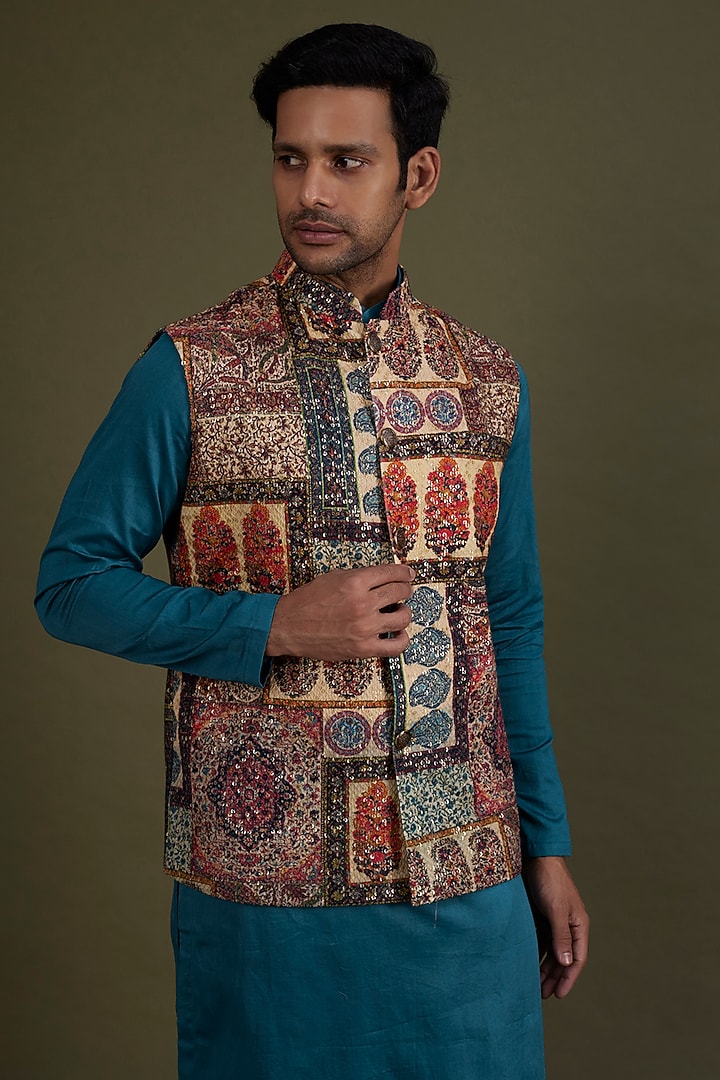 Multi-Colored Georgette Printed & Embroidered Bundi Jacket Set by KSHITIJ CHOUDHARY MEN at Pernia's Pop Up Shop