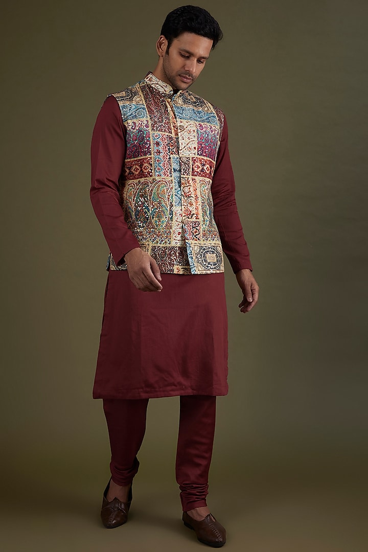 Multi-Colored Georgette Printed & Embroidered Bundi Jacket Set by KSHITIJ CHOUDHARY MEN at Pernia's Pop Up Shop