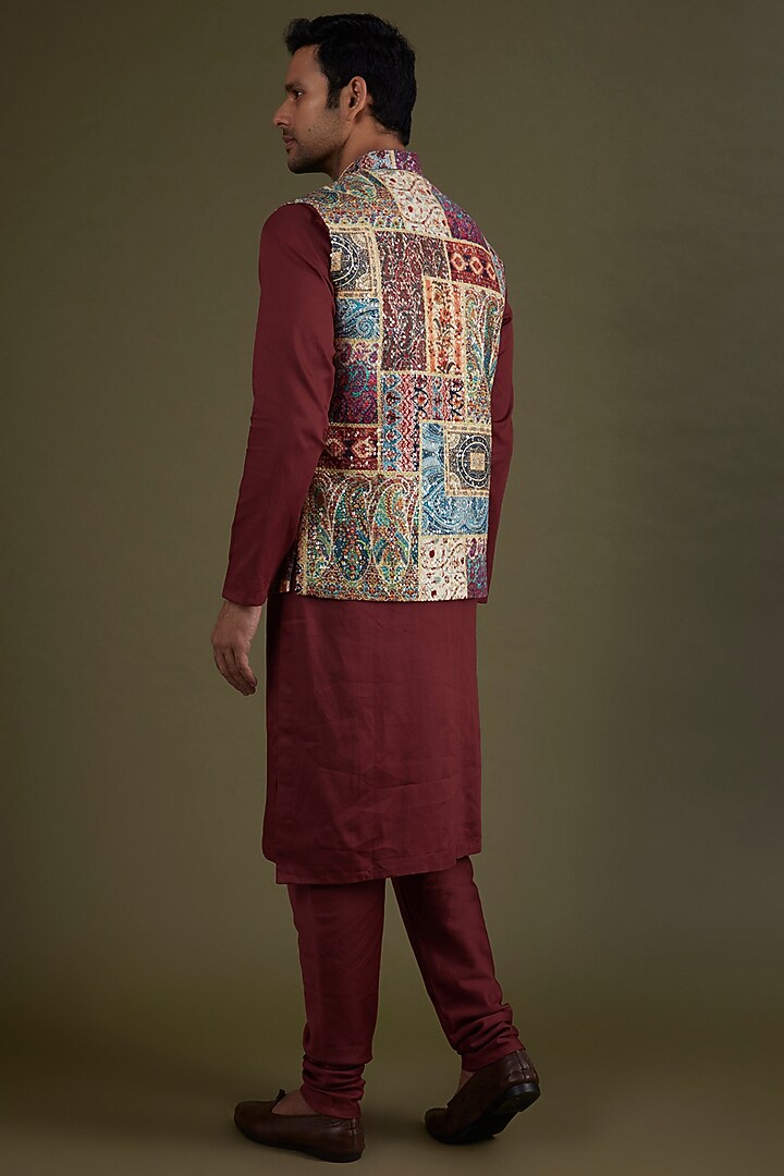 Multi-Colored Georgette Printed & Embroidered Bundi Jacket Set by KSHITIJ CHOUDHARY MEN at Pernia's Pop Up Shop