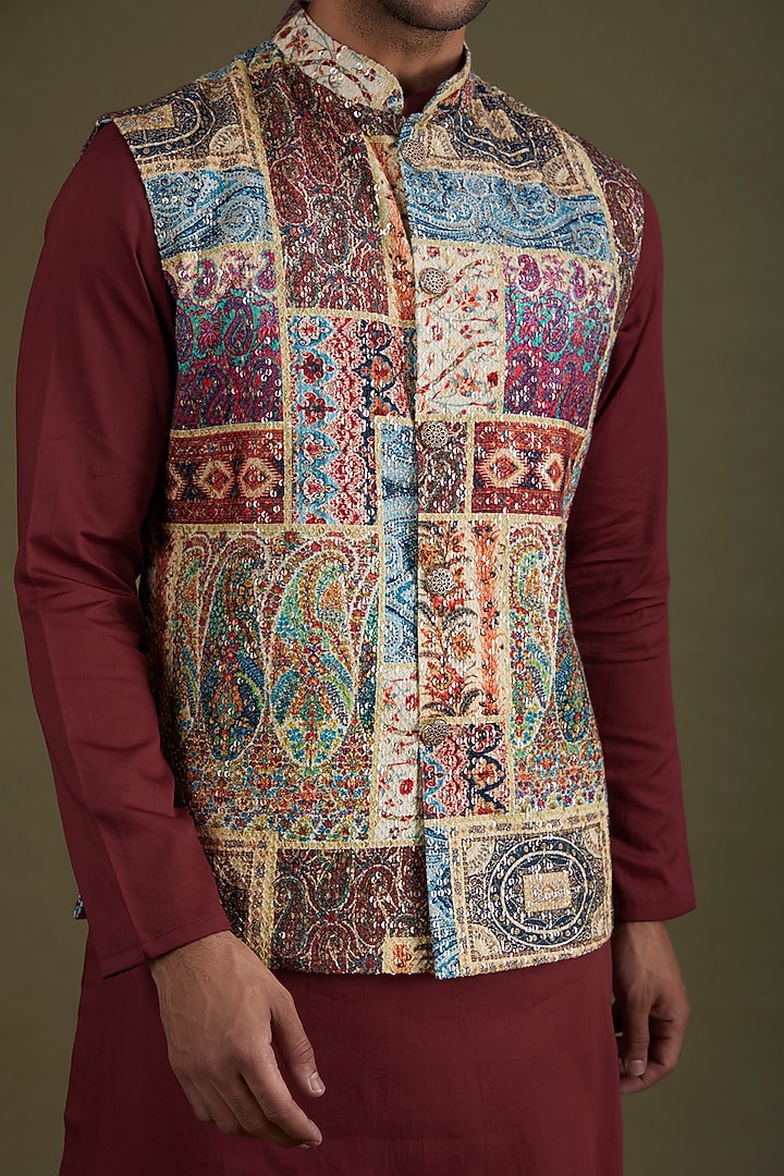 Multi-Colored Georgette Printed & Embroidered Bundi Jacket Set by KSHITIJ CHOUDHARY MEN at Pernia's Pop Up Shop