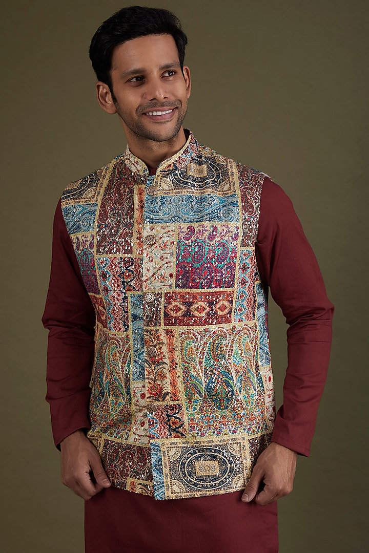 Multi-Colored Georgette Printed & Embroidered Bundi Jacket Set by KSHITIJ CHOUDHARY MEN at Pernia's Pop Up Shop