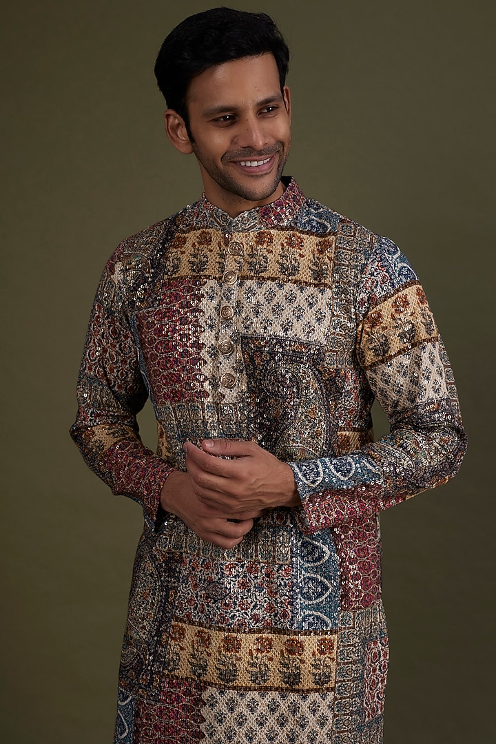 Multi-Colored Georgette Printed & Embroidered Kurta Set by KSHITIJ CHOUDHARY MEN at Pernia's Pop Up Shop