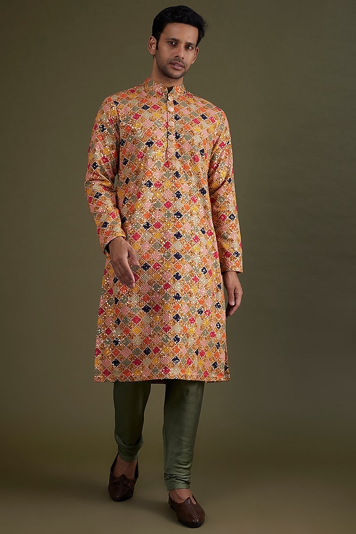 Multi-Colored Printed & Embroidered Kurta Set by KSHITIJ CHOUDHARY MEN