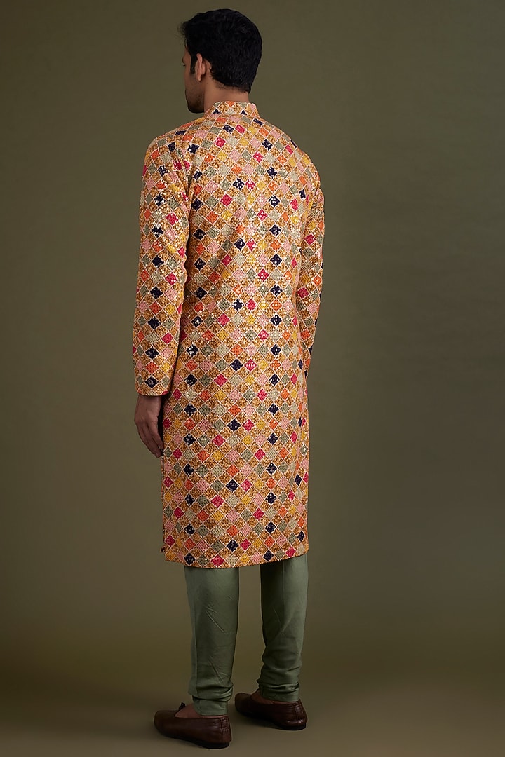 Multi-Colored Georgette Printed & Embroidered Kurta Set by KSHITIJ CHOUDHARY MEN at Pernia's Pop Up Shop