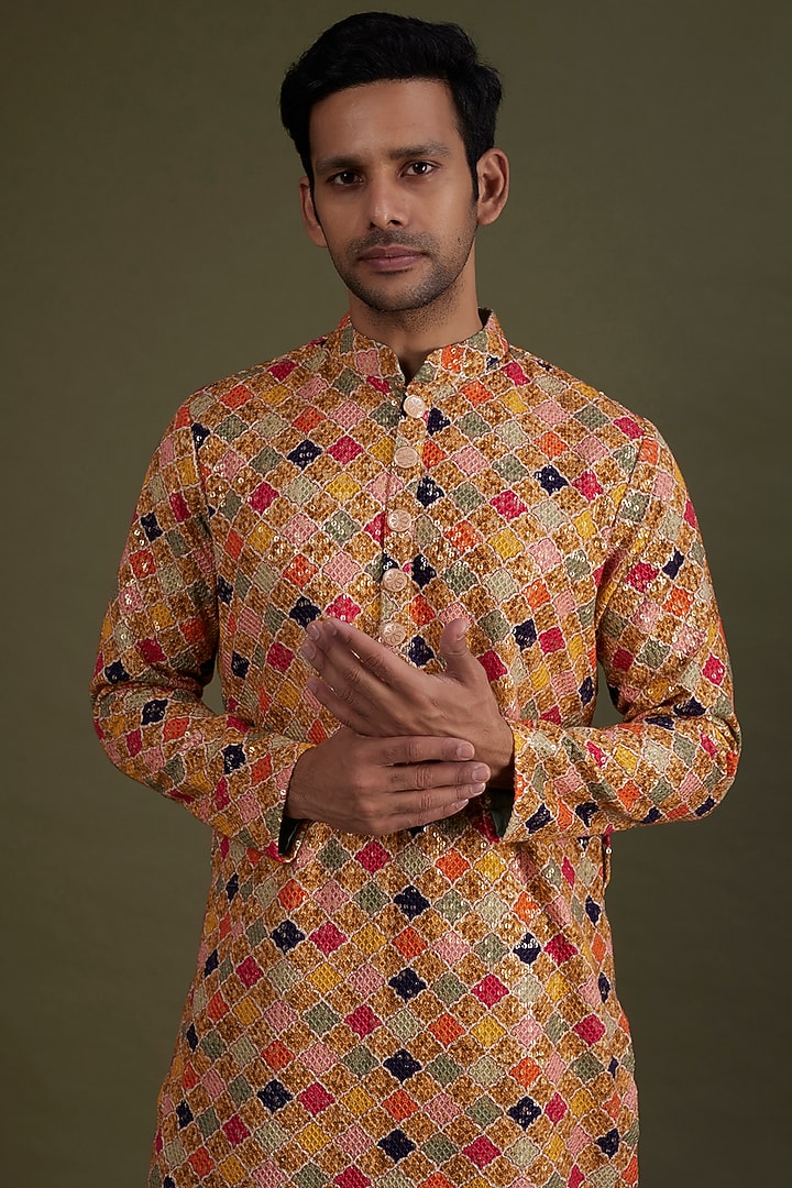 Multi-Colored Georgette Printed & Embroidered Kurta Set by KSHITIJ CHOUDHARY MEN at Pernia's Pop Up Shop