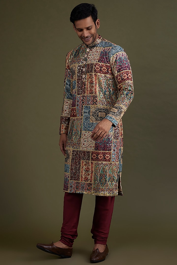 Multi-Colored Kurta Set With Print & Embroidery by KSHITIJ CHOUDHARY MEN
